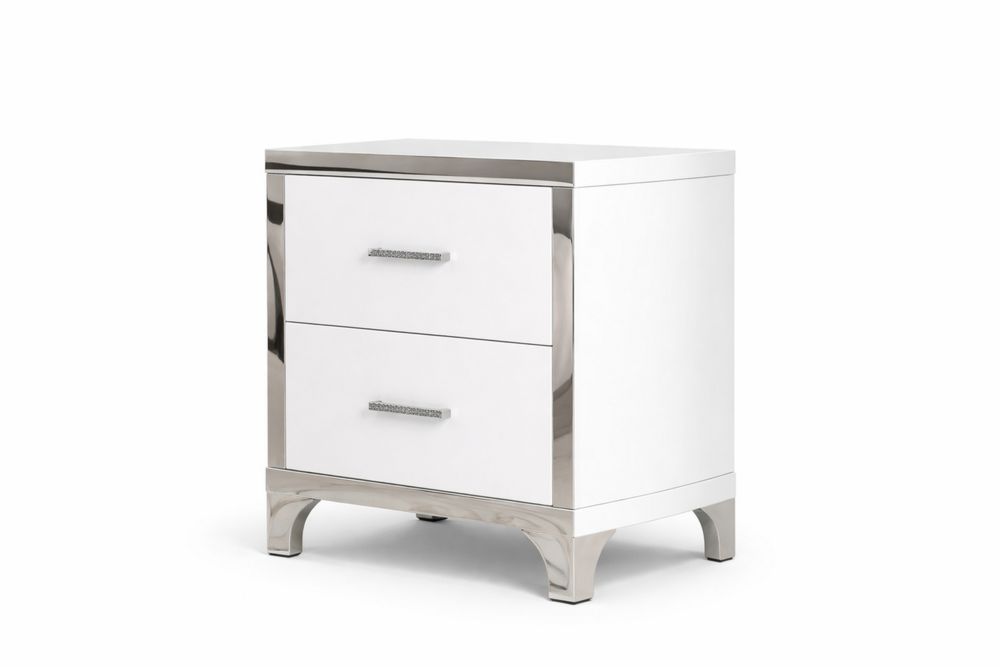 White MDF Nightstand with Stainless Steel Accents 2-Drawer-Interanil