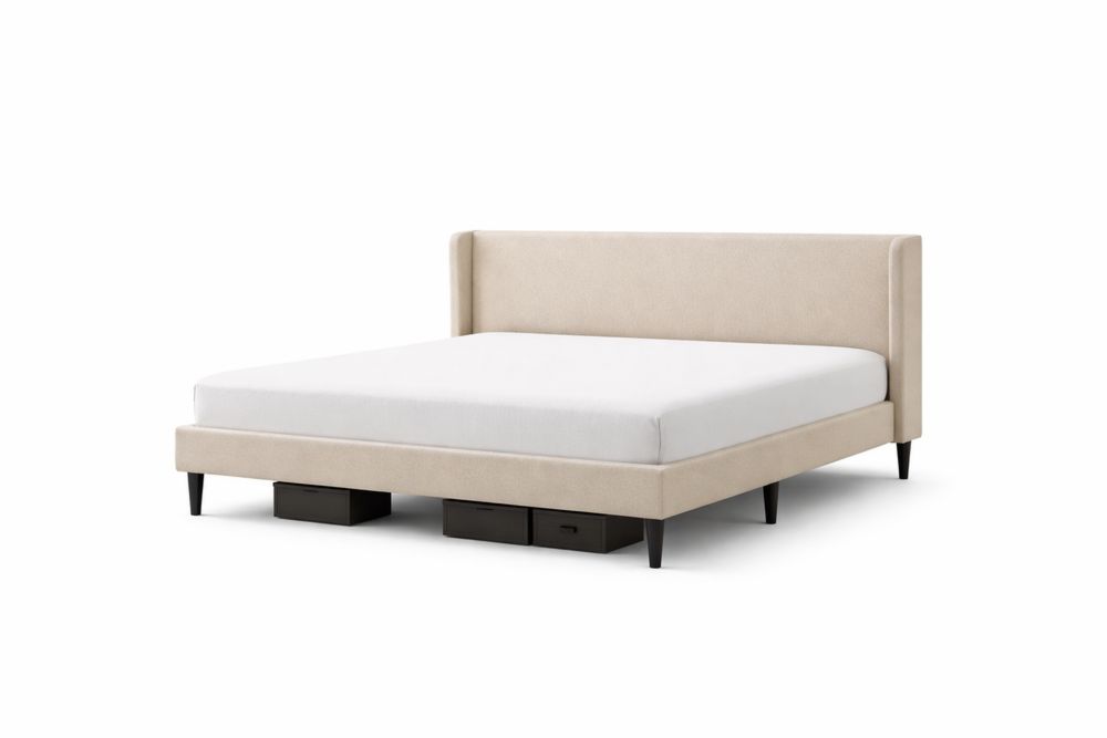 Queen Upholstered Bed Frame with Wingback Headboard and Storage Drawers Beige-Interanil
