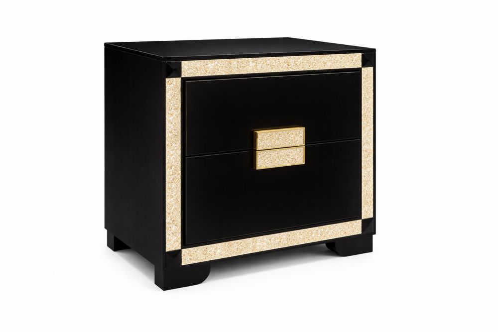 Black MDF Nightstand with Gold Leaf Trim 2 Drawers 60x40x55 cm-Interanil