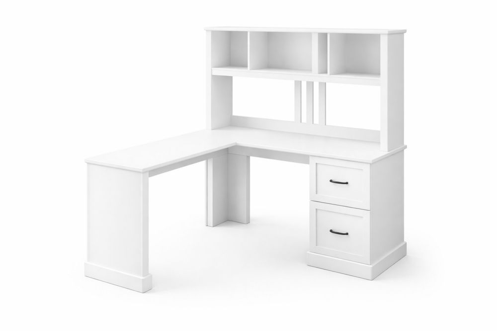 L-Shaped MDF Desk with Hutch and Drawers White-Interanil