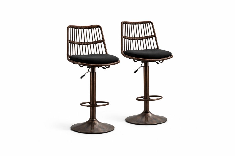 Set of 2 Adjustable Rattan Bar Stools with steel Base and Black Polyester Cushions-Interanil