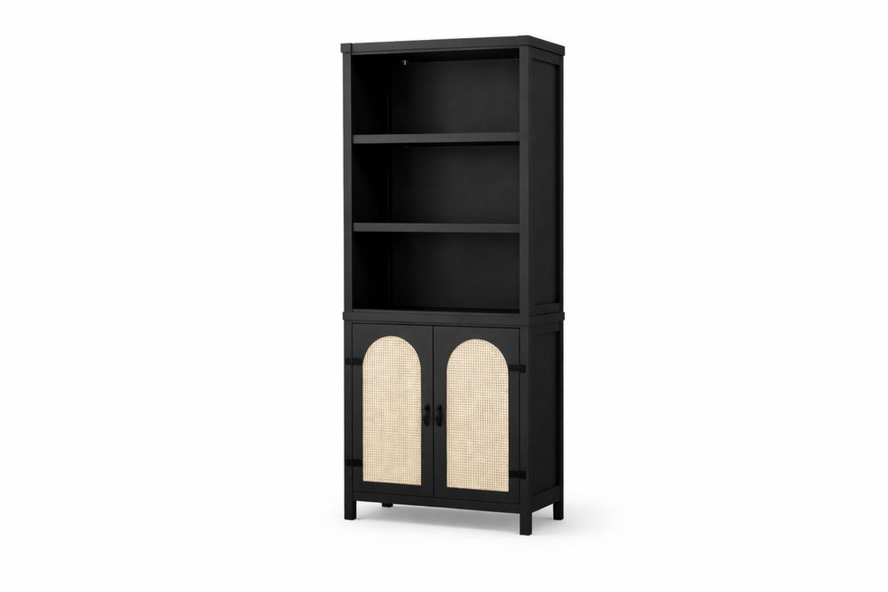 Black Wood Bookshelf with Rattan Doors and 3 Shelves-Interanil