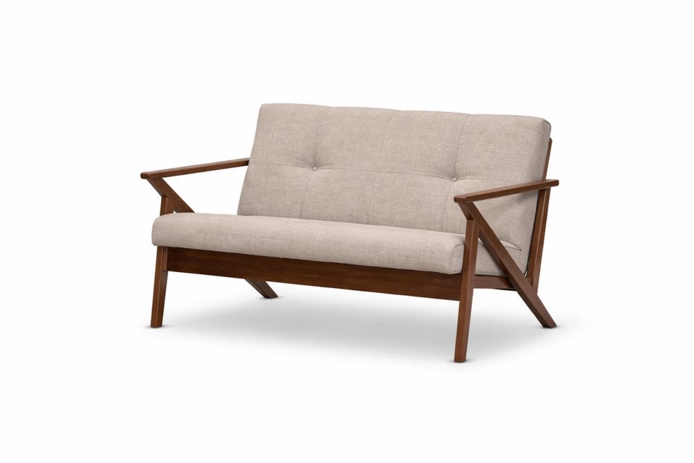 Two-Seater Sofa Solid Wood Frame Beige Linen Fabric Upholstery-Interanil