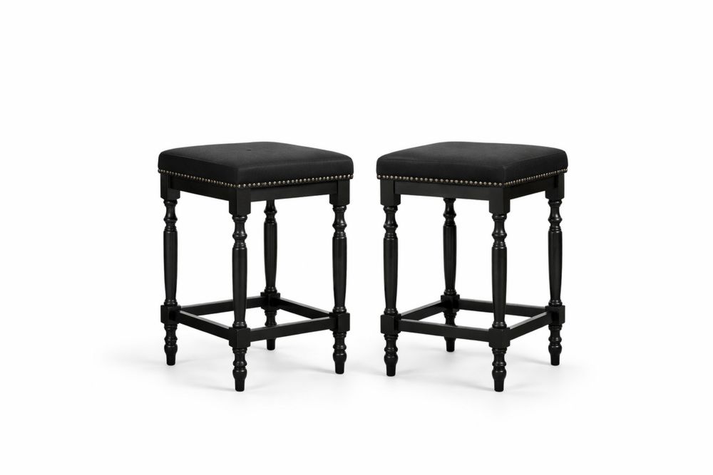 Set of 2 Black Fabric Upholstered Square Counter Stools with Wood Legs 38cm x 38cm x 66cm-Interanil