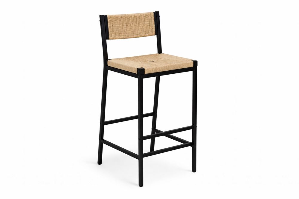 Bar Stool steel Frame with Rattan Seat and Backrest  Black/Natural-Interanil