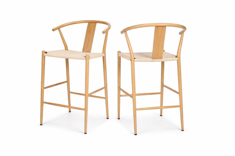 Set of 2 Wooden Frame Bar Stools with Natural Fiber Seats-Interanil