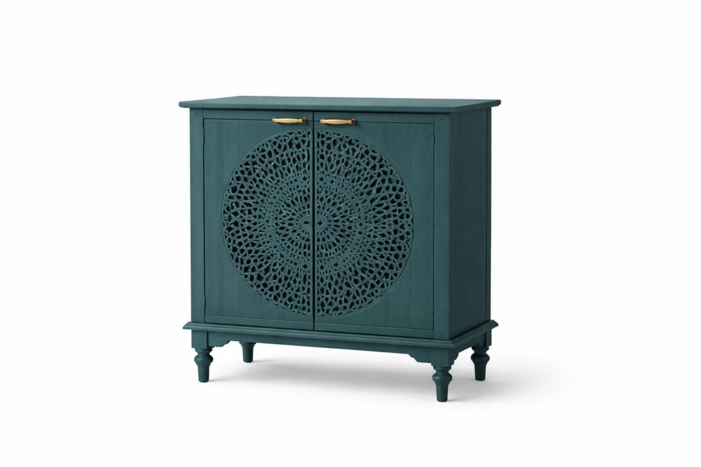Wooden Cabinet with Lattice Design Doors Teal 80x40x90 cm-Interanil