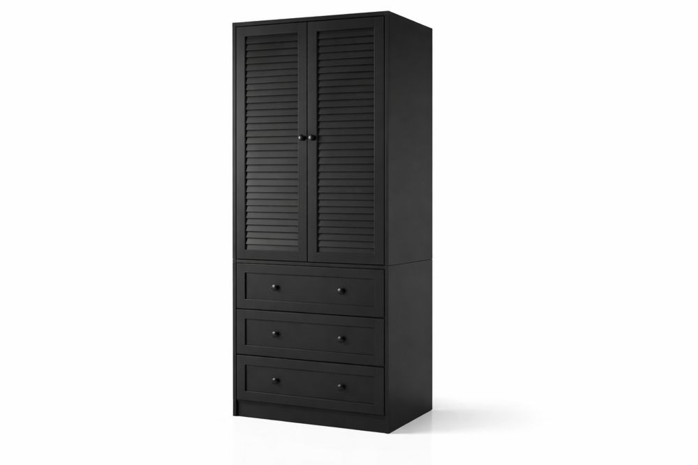 Wood Wardrobe with Louvered Doors Black 2-Door 3-Drawer 180x80x50 cm-Interanil