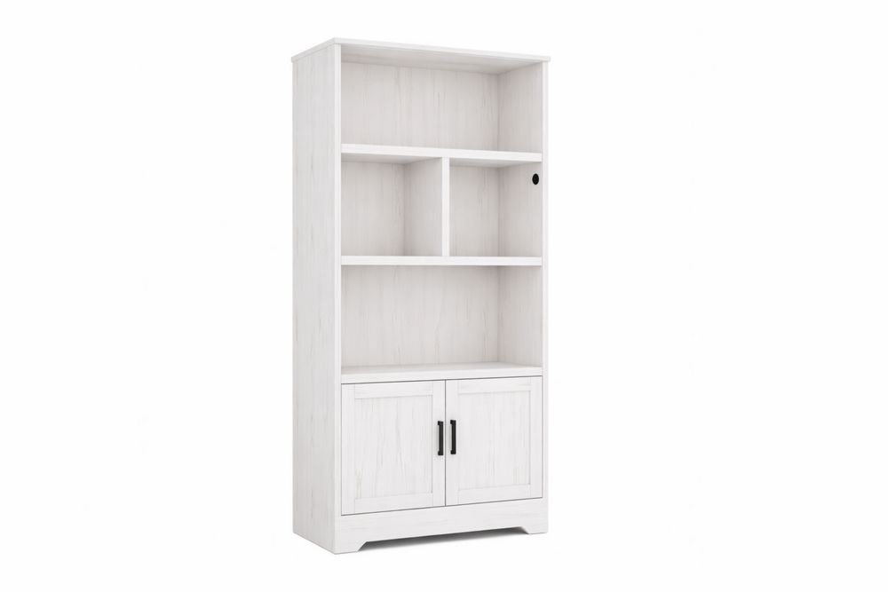 White Engineered Wood Bookshelf with Cabinet and Adjustable Shelves-Interanil