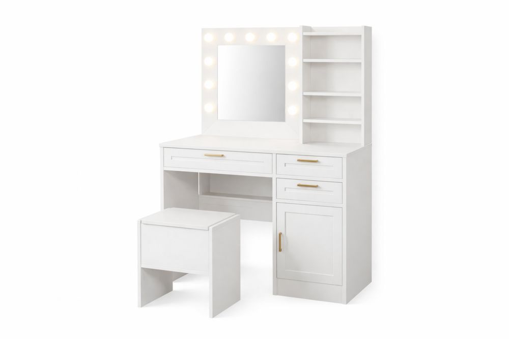 White Vanity Table Set with Mirror LED Lights Storage Shelves and Stool-Interanil