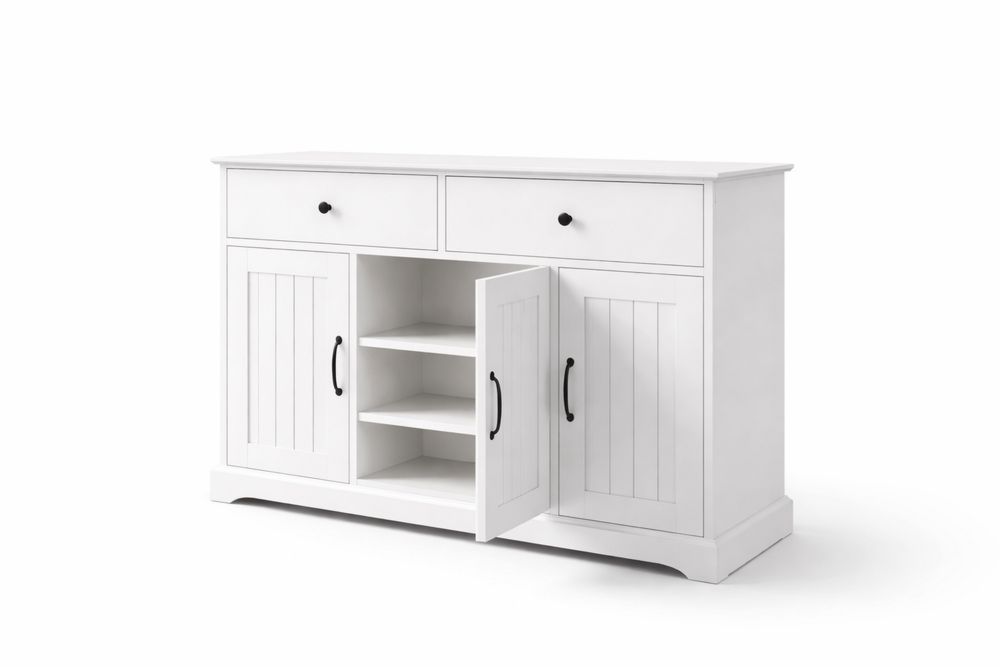 White MDF Sideboard Cabinet with Drawers and Shelves-Interanil