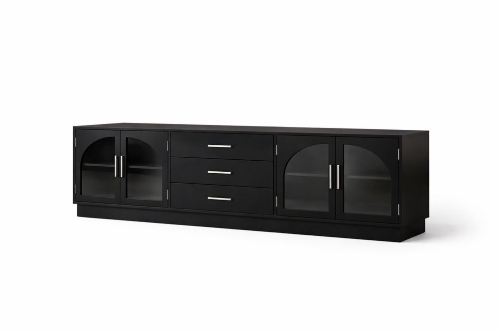 Wood TV Stand with Glass Doors and Drawers Black-Interanil