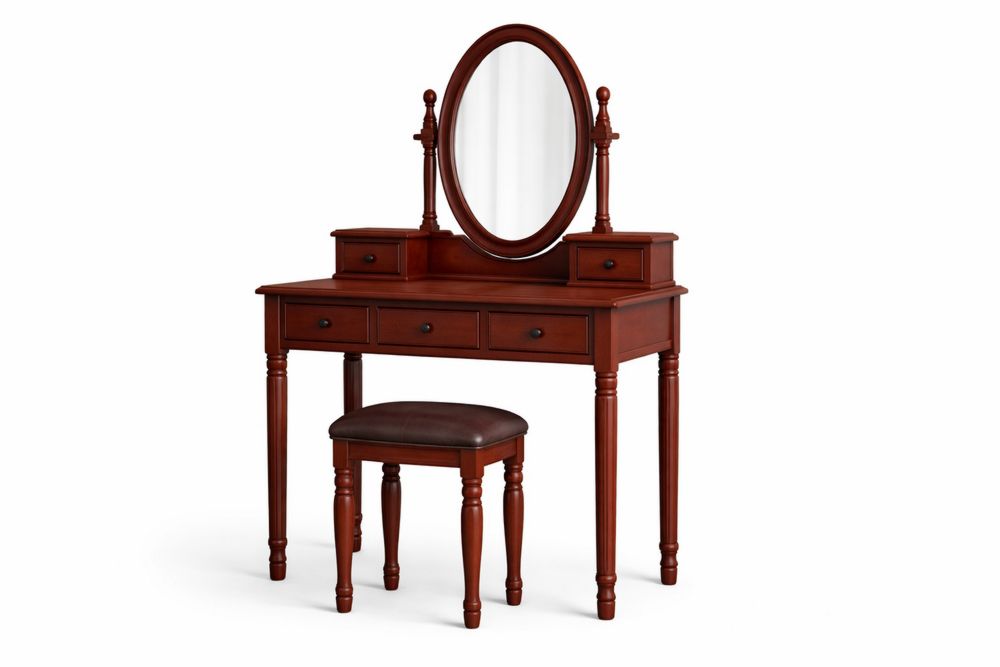 Wood Vanity Set with Oval Mirror and Stool Cherry Brown-Interanil
