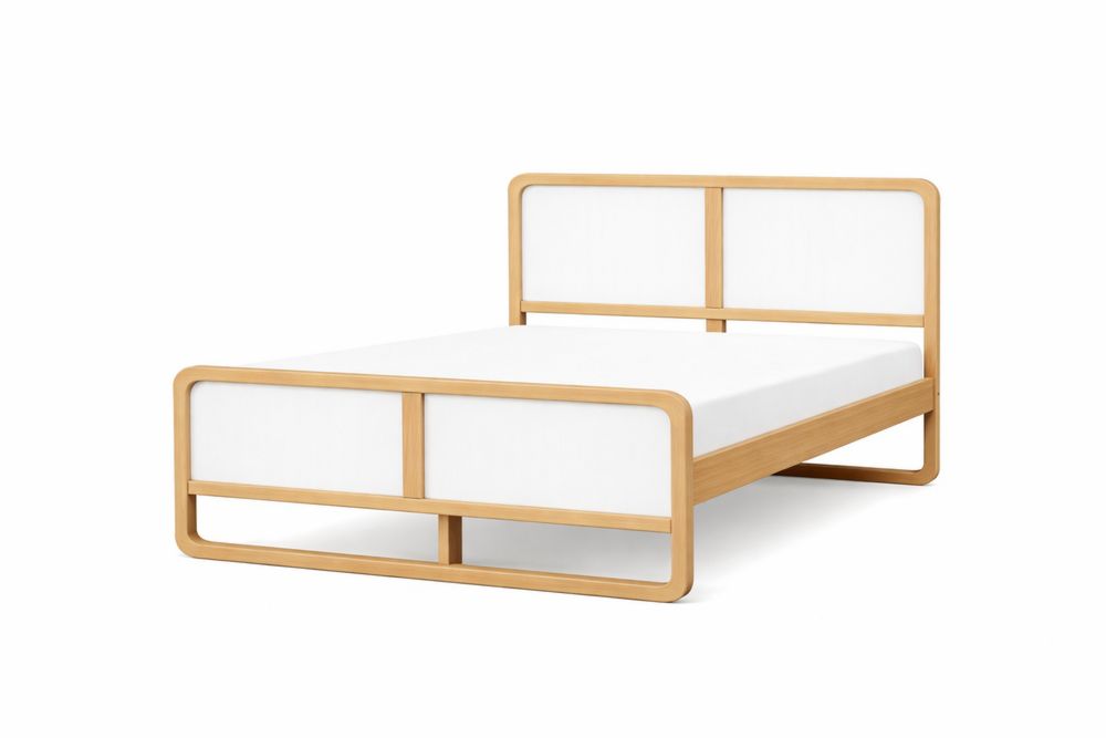 Wood and Upholstered Queen Bed Frame with Natural Finish and White Panels-Interanil