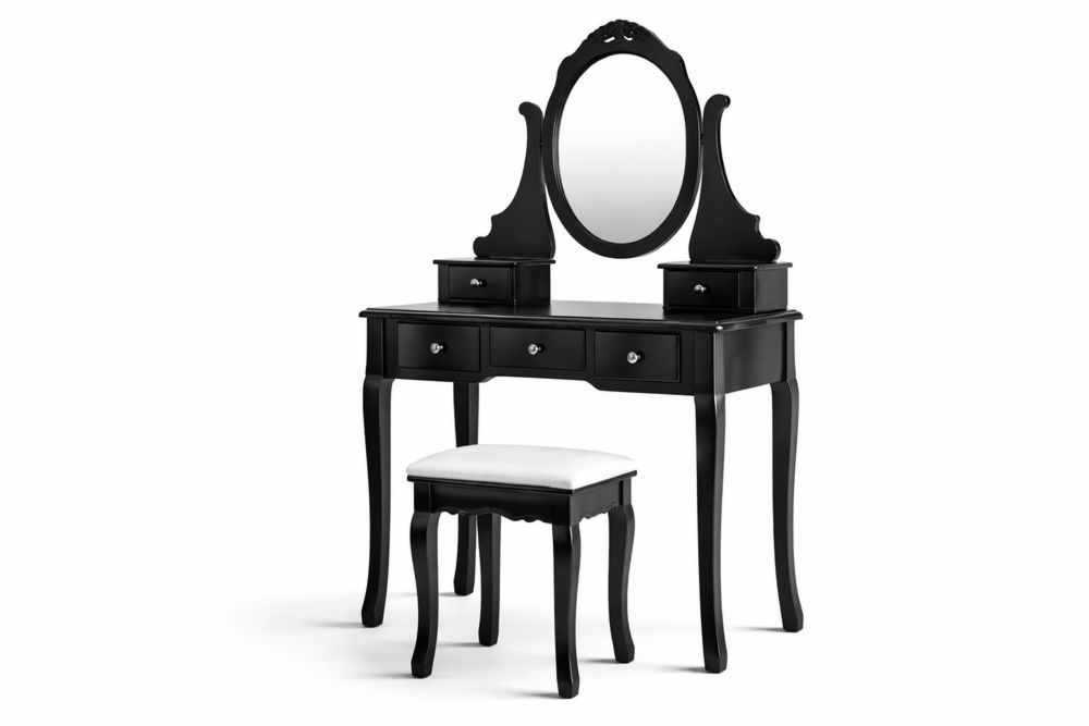 Black Wood Vanity Set with Oval Mirror and Upholstered Stool-Interanil