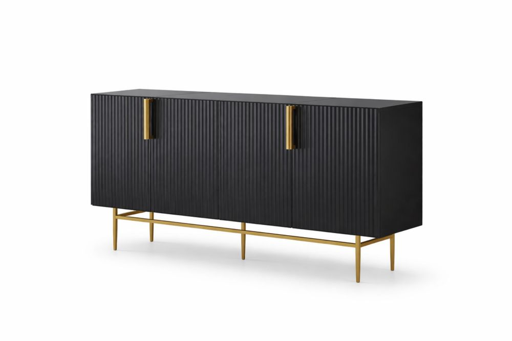 Black Wood Sideboard with Gold steel Legs and Ribbed Doors 160cm-Interanil