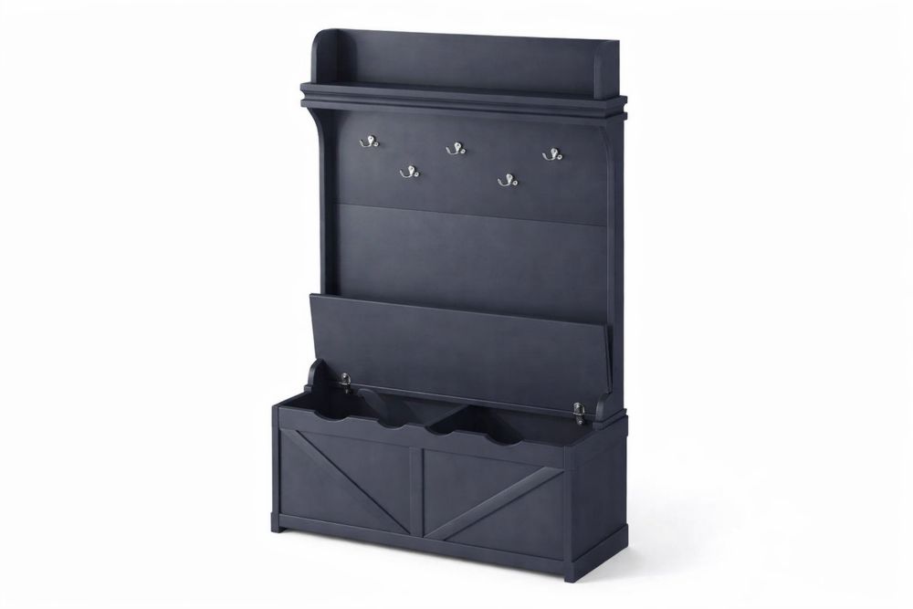 Wooden Hall Tree with Storage Bench and Coat Hooks Black-Interanil