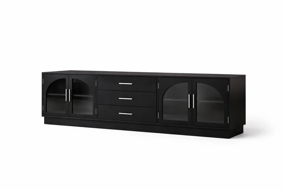 Black MDF Tempered Glass TV Console with Arched Doors and Drawers-Interanil