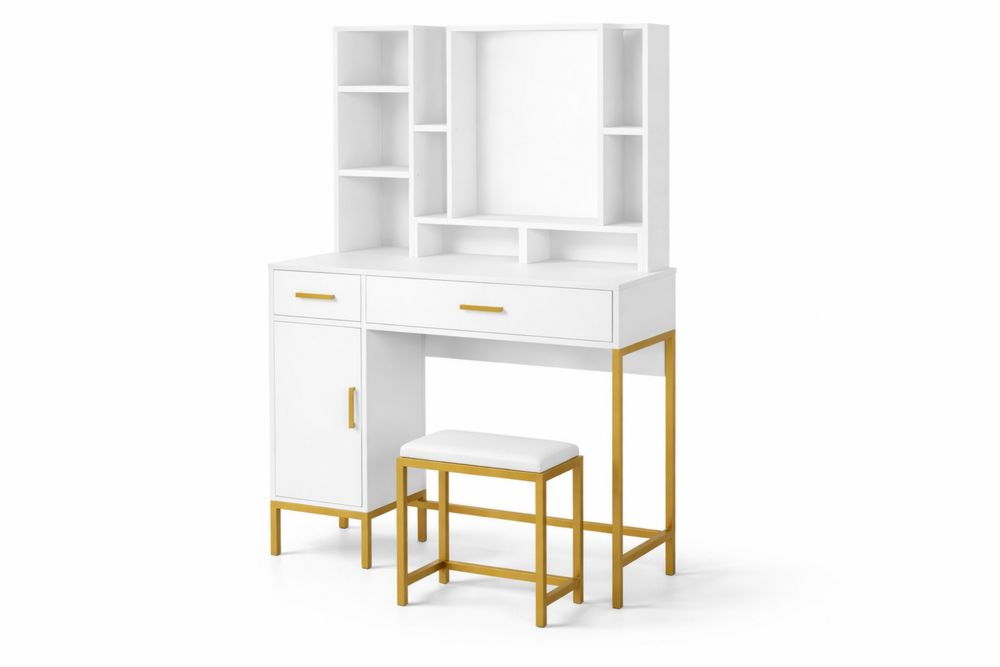 Vanity Desk Set MDF and steel with Bench Shelves and Drawer White Gold-Interanil