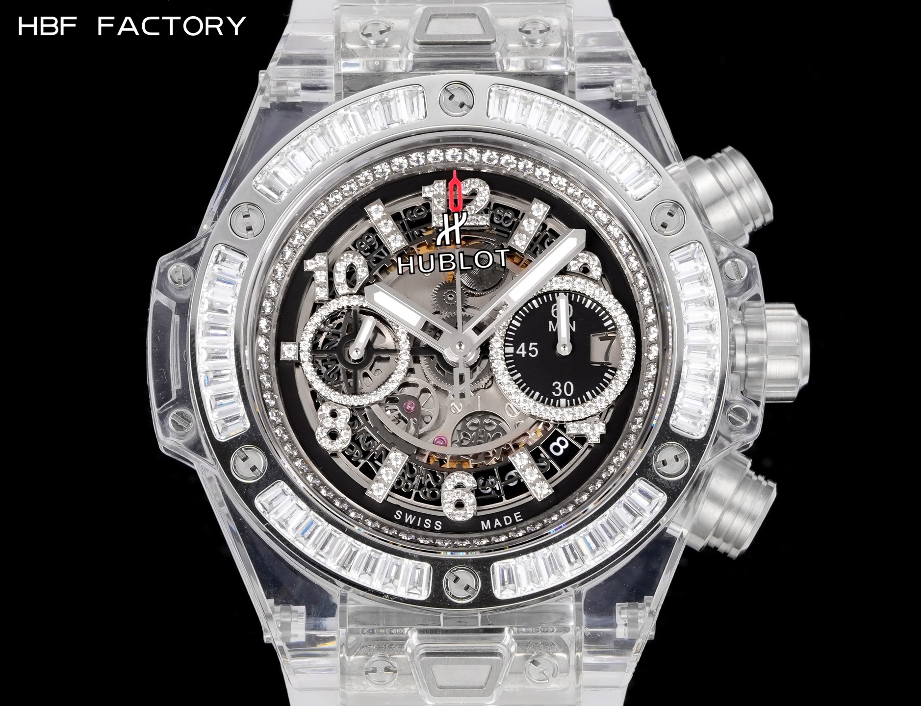 

 
HBF  FACTORY 恒宝HUBLOT 宇舶表年度最佳复刻作品——宇舶BIG BANG系列411.JX.4802.RT“全透明腕表”
【精彩细节】1.还原正品表盘后龙飞凤舞的镂空布局，2.采用与原装同样的丙烯酸有机玻璃极致克隆——完成不可能完成的任务。该材质不仅硬度高，且具有抗鑫腐蚀，耐磨损等卓越物理特性。
【机芯功能】腕表直径45mm。采用增强版计时7750机芯改原装HUB.1242型芯，实现所有功能吻合正装。
【精益求精】全力以赴，层层把关，在保证完美“透视感官”的同时，竭心尽力还原正品