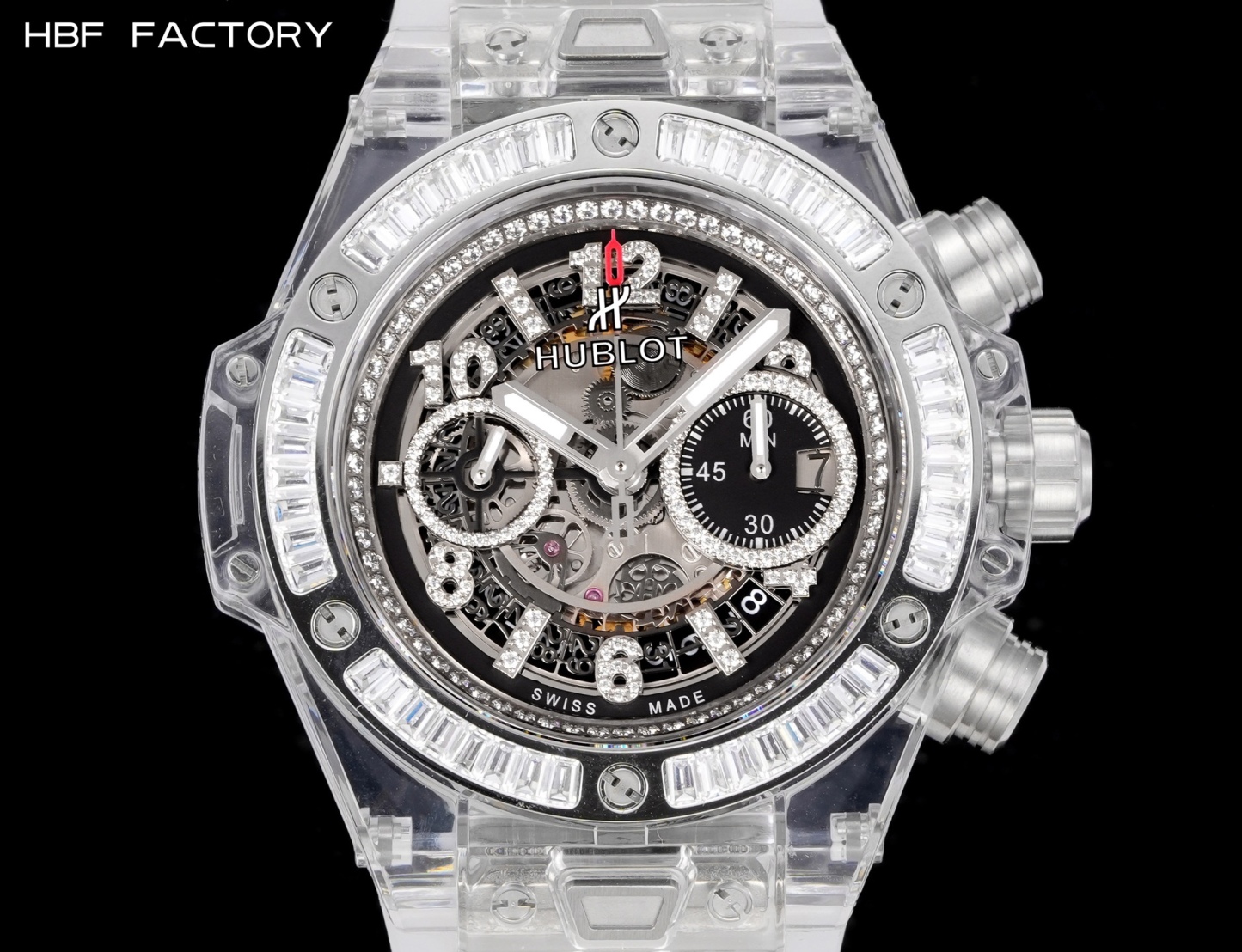 

 
HBF  FACTORY 恒宝HUBLOT 宇舶表年度最佳复刻作品——宇舶BIG BANG系列411.JX.4802.RT“全透明腕表”
【精彩细节】1.还原正品表盘后龙飞凤舞的镂空布局，2.采用与原装同样的丙烯酸有机玻璃极致克隆——完成不可能完成的任务。该材质不仅硬度高，且具有抗鑫腐蚀，耐磨损等卓越物理特性。
【机芯功能】腕表直径45mm。采用增强版计时7750机芯改原装HUB.1242型芯，实现所有功能吻合正装。
【精益求精】全力以赴，层层把关，在保证完美“透视感官”的同时，竭心尽力还原正品