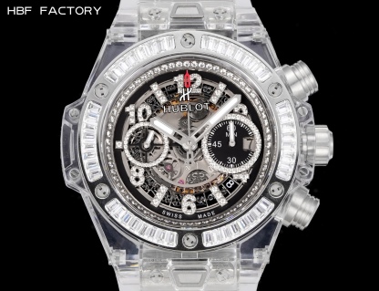 

 
HBF  FACTORY 恒宝HUBLOT 宇舶表年度最佳复刻作品——宇舶BIG BANG系列411.JX.4802.RT“全透明腕表”
【精彩细节】1.还原正品表盘后龙飞凤舞的镂空布局，2.采用与原装同样的丙烯酸有机玻璃极致克隆——完成不可能完成的任务。该材质不仅硬度高，且具有抗鑫腐蚀，耐磨损等卓越物理特性。
【机芯功能】腕表直径45mm。采用增强版计时7750机芯改原装HUB.1242型芯，实现所有功能吻合正装。
【精益求精】全力以赴，层层把关，在保证完美“透视感官”的同时，竭心尽力还原正品