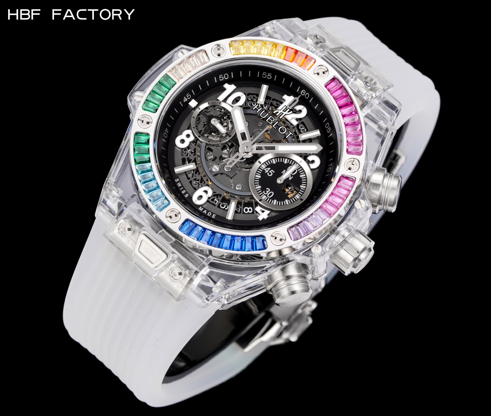 HBF  FACTORY 恆寶HUBLOT 宇舶表年度最佳復刻作品——宇舶BIG BANG系列411.JX.4802.RT“全透明腕表”
【精彩細節】1.還原正品錶盤後龍飛鳳舞的鏤空佈局，2.採用與原裝同樣的丙烯酸有機玻璃極致克隆——完成不可能完成的任務。該材質不僅硬度高，且具有抗鑫腐蝕，耐磨損等卓越物理特性。
【機芯功能】腕表直徑45mm。採用增強版計時7750機芯改原裝HUB.1242型芯，實現所有功能吻合正裝。
【精益求精】全力以赴，層層把關，在保證完美“透視感官”的同時，竭心盡力還原正品