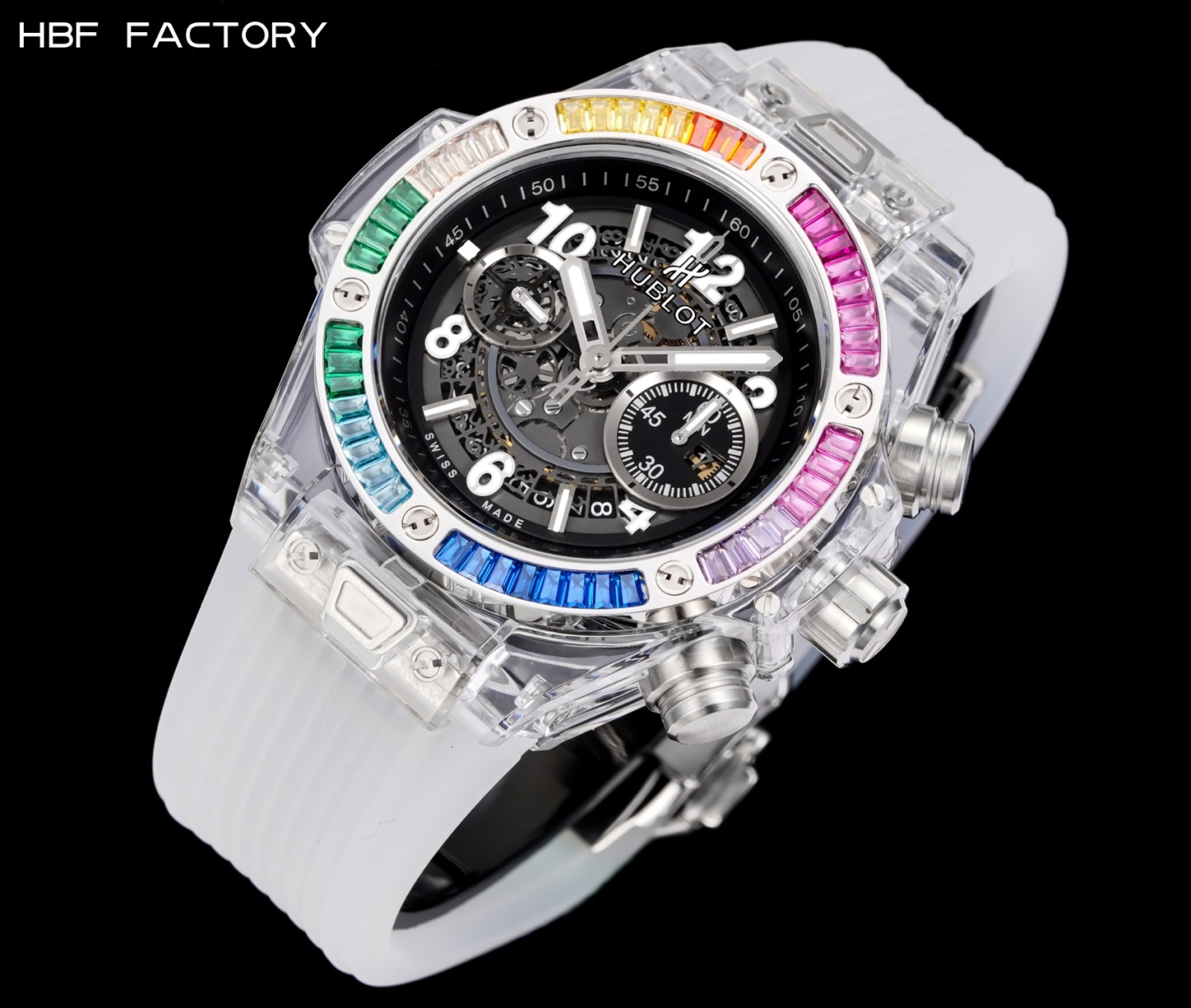HBF  FACTORY 恆寶HUBLOT 宇舶表年度最佳復刻作品——宇舶BIG BANG系列411.JX.4802.RT“全透明腕表”
【精彩細節】1.還原正品錶盤後龍飛鳳舞的鏤空佈局，2.採用與原裝同樣的丙烯酸有機玻璃極致克隆——完成不可能完成的任務。該材質不僅硬度高，且具有抗鑫腐蝕，耐磨損等卓越物理特性。
【機芯功能】腕表直徑45mm。採用增強版計時7750機芯改原裝HUB.1242型芯，實現所有功能吻合正裝。
【精益求精】全力以赴，層層把關，在保證完美“透視感官”的同時，竭心盡力還原正品