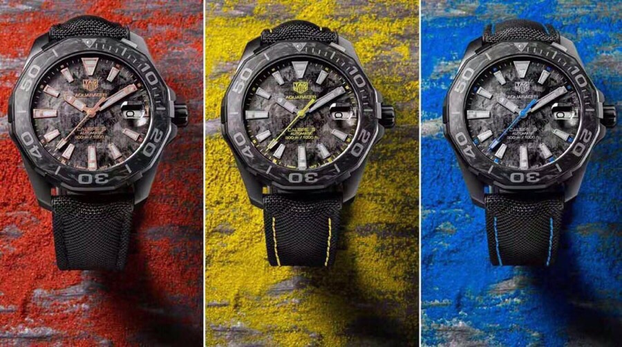 新款泰格豪雅碳纖維到貨！年終巨獻！結合碳元素、鈦元素、隕石元素三大元素為主題，以黑色為主色調，再以藍色、黃色、玫瑰金於黑色中亮起，鮮活明亮！表殼與表扣為主的鈦合金材料，表面則是整表的靈魂所在！此表面為原裝原版表面！！（以放大鏡側面視覺效果為準！）多層印刷複製出隕石佈局的效果！圈口以碳纖維材料與鈦合金的結合，尼龍材料和頭層牛皮、硅膠結合，用藍色、黃色、黑色線配合手錶對應的顏色！～41mm表徑，全新全套出！