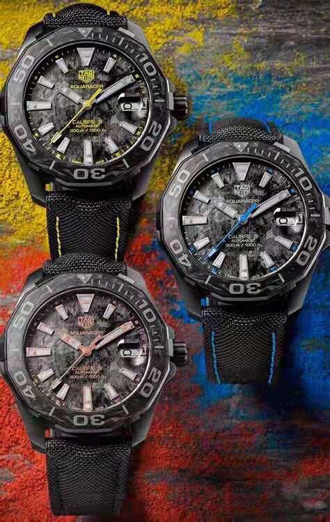 新款泰格豪雅碳纖維到貨！年終巨獻！結合碳元素、鈦元素、隕石元素三大元素為主題，以黑色為主色調，再以藍色、黃色、玫瑰金於黑色中亮起，鮮活明亮！表殼與表扣為主的鈦合金材料，表面則是整表的靈魂所在！此表面為原裝原版表面！！（以放大鏡側面視覺效果為準！）多層印刷複製出隕石佈局的效果！圈口以碳纖維材料與鈦合金的結合，尼龍材料和頭層牛皮、硅膠結合，用藍色、黃色、黑色線配合手錶對應的顏色！～41mm表徑，全新全套出！