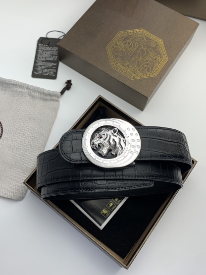 【史蒂芬】專櫃鰐魚紋黑色牛皮腰帶，元夾層系列，搭配新款不鏽鋼虎頭扣，寬度3.8cm，長度不可調節，尺碼（85-110）具有獨特吸引力！