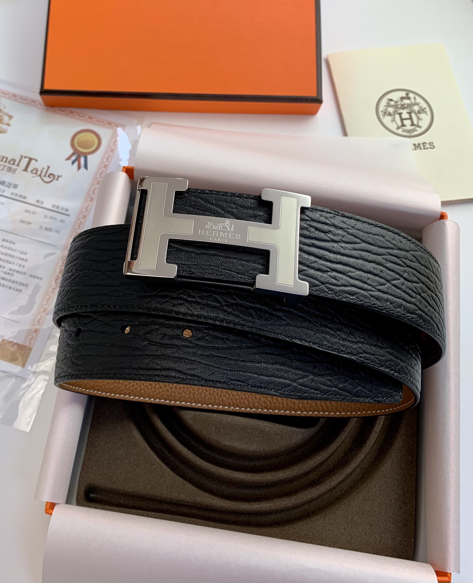 【H家】原單 大象紋黑色小牛皮腰帶，寬度3.8cm，內襯土黃色荔枝紋，搭配專櫃新款鋼扣.工藝精湛、手感柔軟、細膩，高端定制，經典之作.
