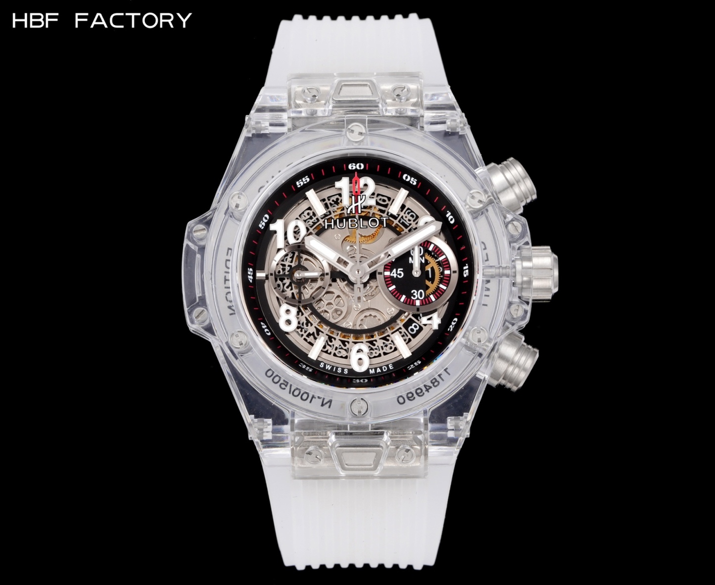 HBF  FACTORY 恆寶HUBLOT 宇舶表年度最佳復刻作品——宇舶BIG BANG系列411.JX.4802.RT“全透明腕表”
【精彩細節】1.還原正品錶盤後龍飛鳳舞的鏤空佈局，2.採用與原裝同樣的丙烯酸有機玻璃極致克隆——完成不可能完成的任務。該材質不僅硬度高，且具有抗鑫腐蝕，耐磨損等卓越物理特性。
【機芯功能】腕表直徑45mm。採用增強版計時7750機芯改原裝HUB.1242型芯，實現所有功能吻合正裝。
【精益求精】全力以赴，層層把關，在保證完美“透視感官”的同時，竭心盡力還原正品