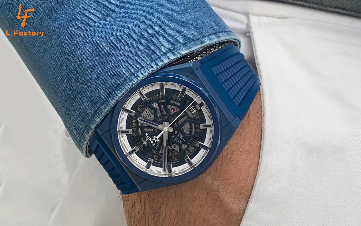 佩戴效果圖  LF真力時DEFY系列全新升級版，殼身 頭粒 機芯 表扣等均做了升級調整。一款根據路虎標誌性花輪轂設計而成的高顏值鏤空腕表。

原裝1:1開模鑄造，極致還原表殼的每一處細節打磨倒角，盡顯原裝菱角分明、堅毅果敢的陽剛氣質。完美的41mm表經，適配大眾男性手寸，正裝休閒兩不誤。根據汽車輪轂設計而成的五角星錶盤，未來概念感十足。同步官網新款1:1五角星折疊扣，搭載定製版Cal.670sk全自動機械機芯，鏤空日曆的大小與位置、機芯夾板、齒輪、五角星陀皆按原版機芯數據1:1拆解鍛造而成。

LF臻品