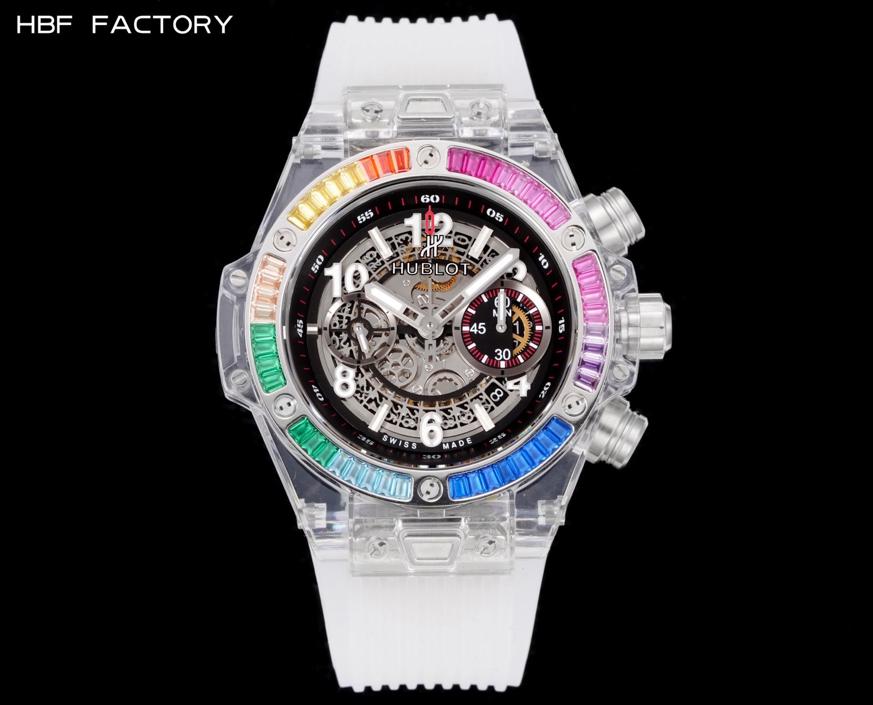 HBF  FACTORY 恆寶HUBLOT 宇舶表年度最佳復刻作品——宇舶BIG BANG系列411.JX.4802.RT“全透明腕表”
【精彩細節】1.還原正品錶盤後龍飛鳳舞的鏤空佈局，2.採用與原裝同樣的丙烯酸有機玻璃極致克隆——完成不可能完成的任務。該材質不僅硬度高，且具有抗鑫腐蝕，耐磨損等卓越物理特性。
【機芯功能】腕表直徑45mm。採用增強版計時7750機芯改原裝HUB.1242型芯，實現所有功能吻合正裝。
【精益求精】全力以赴，層層把關，在保證完美“透視感官”的同時，竭心盡力還原正品