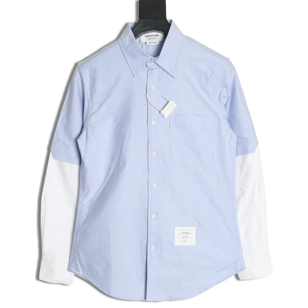 THOM BROWNE/湯姆布朗TB 雙袖拼色長袖襯衫
面料採用最新型牛津面料 扣子採用天然貝殼扣 自家品牌襯衫工廠流水線生產針距細密走線整齊  細節決定品質 三標齊全 版型可寬松可修身 男女同款 
M1 Size：1-4