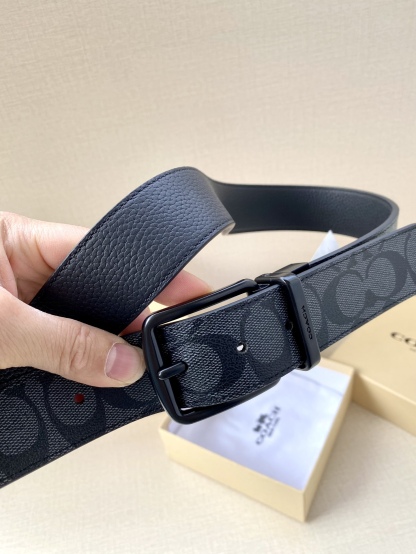 寬度3.8cm COACH 這款雙面腰帶一面為經典標誌帆布材質，另一面為精制皮革材質，配有標誌性扣件，將兩種外形合二為一。通過簡單的說明，可用剪刀剪裁至完美合身度。
標誌印花配頭層牛皮
可裁剪
雙面
38M (寬)