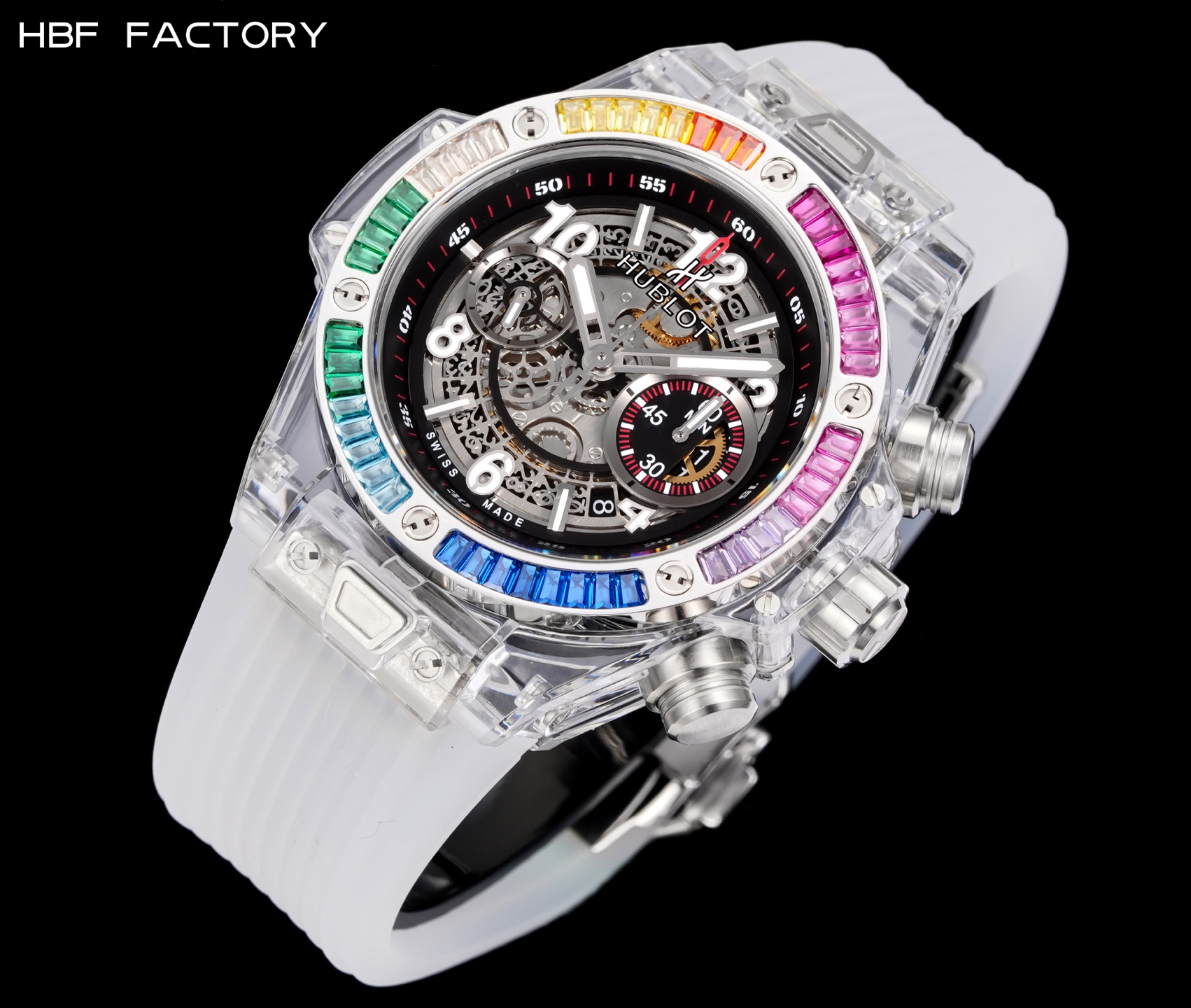 HBF  FACTORY 恆寶HUBLOT 宇舶表年度最佳復刻作品——宇舶BIG BANG系列411.JX.4802.RT“全透明腕表”
【精彩細節】1.還原正品錶盤後龍飛鳳舞的鏤空佈局，2.採用與原裝同樣的丙烯酸有機玻璃極致克隆——完成不可能完成的任務。該材質不僅硬度高，且具有抗鑫腐蝕，耐磨損等卓越物理特性。
【機芯功能】腕表直徑45mm。採用增強版計時7750機芯改原裝HUB.1242型芯，實現所有功能吻合正裝。
【精益求精】全力以赴，層層把關，在保證完美“透視感官”的同時，竭心盡力還原正品