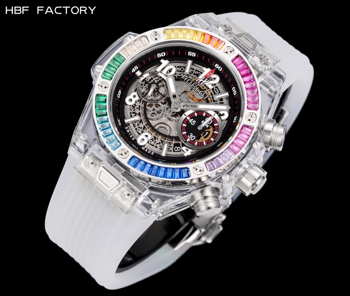 HBF  FACTORY 恆寶HUBLOT 宇舶表年度最佳復刻作品——宇舶BIG BANG系列411.JX.4802.RT“全透明腕表”
【精彩細節】1.還原正品錶盤後龍飛鳳舞的鏤空佈局，2.採用與原裝同樣的丙烯酸有機玻璃極致克隆——完成不可能完成的任務。該材質不僅硬度高，且具有抗鑫腐蝕，耐磨損等卓越物理特性。
【機芯功能】腕表直徑45mm。採用增強版計時7750機芯改原裝HUB.1242型芯，實現所有功能吻合正裝。
【精益求精】全力以赴，層層把關，在保證完美“透視感官”的同時，竭心盡力還原正品