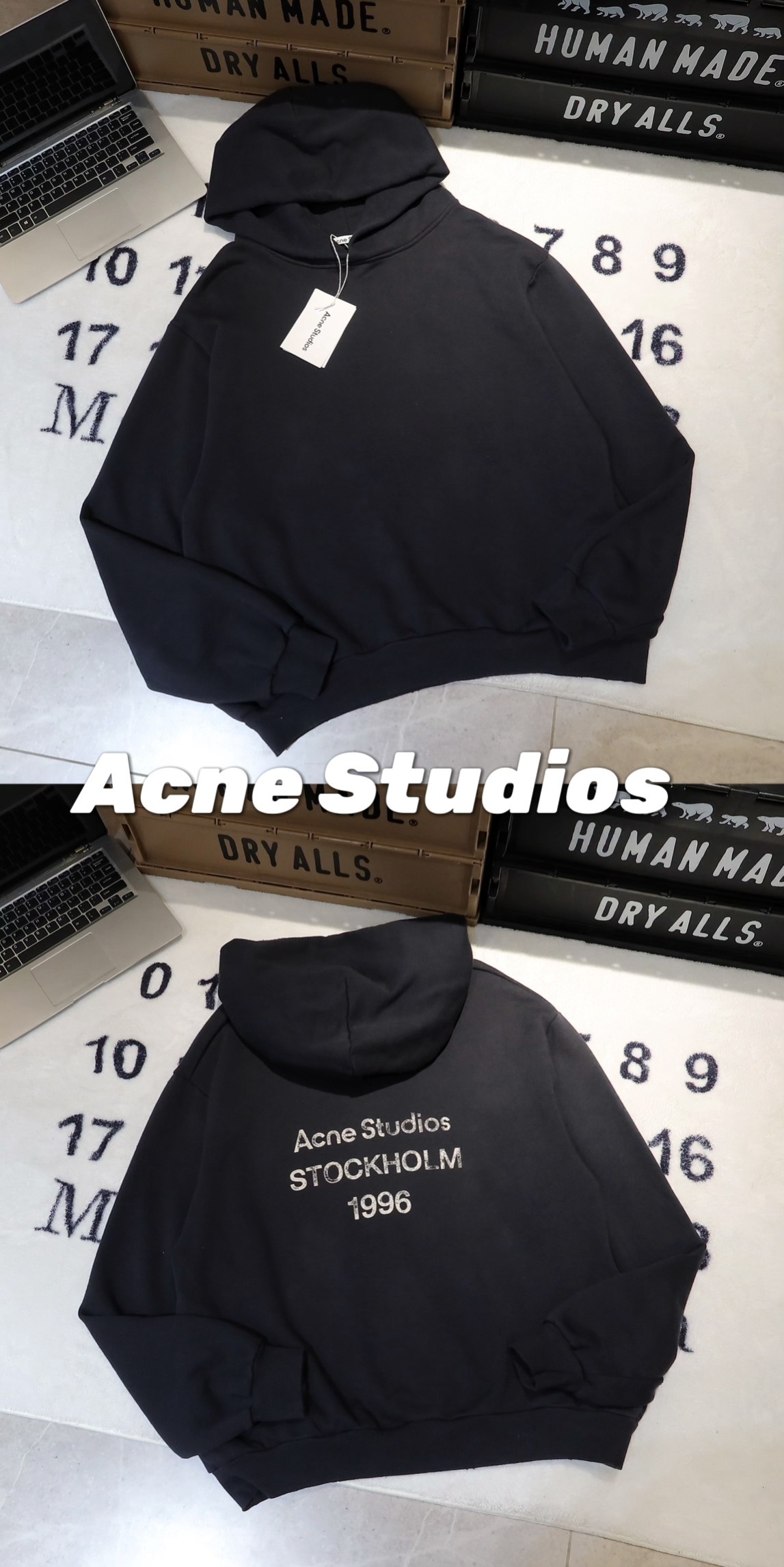 Acne Studios 純色1996系列復古水洗破洞字母衛衣 原廠品質 男女同款

-面料：採用原版一比一定織定染原版一致380g面料。含量棉89％聚酯纖維11％，面料表面紗結看似起球效果，實則是獨家棉點肌理工藝，3D立體觸感，還原面料99％原生質感。

-輔料：原版拆解開發，一比一定制的小標，領標，水洗，吊牌，五金等等。

-工藝：原版分解，從裁剪，拼接，到縫製工藝完全原版一比一。衣破洞位置均為手工砂輪打磨，全衣上下幾十處破洞。噴色做舊部位需要噴馬騮師傅多次調試顏色，經過多次水洗，烘幹才