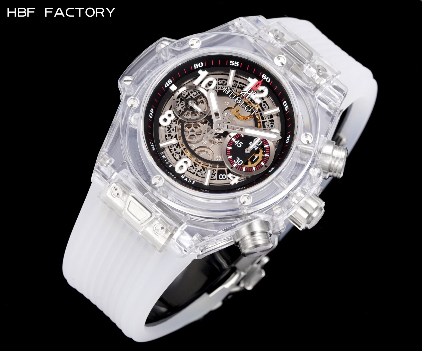 HBF  FACTORY 恆寶HUBLOT 宇舶表年度最佳復刻作品——宇舶BIG BANG系列411.JX.4802.RT“全透明腕表”
【精彩細節】1.還原正品錶盤後龍飛鳳舞的鏤空佈局，2.採用與原裝同樣的丙烯酸有機玻璃極致克隆——完成不可能完成的任務。該材質不僅硬度高，且具有抗鑫腐蝕，耐磨損等卓越物理特性。
【機芯功能】腕表直徑45mm。採用增強版計時7750機芯改原裝HUB.1242型芯，實現所有功能吻合正裝。
【精益求精】全力以赴，層層把關，在保證完美“透視感官”的同時，竭心盡力還原正品