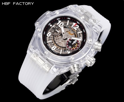 HBF  FACTORY 恆寶HUBLOT 宇舶表年度最佳復刻作品——宇舶BIG BANG系列411.JX.4802.RT“全透明腕表”
【精彩細節】1.還原正品錶盤後龍飛鳳舞的鏤空佈局，2.採用與原裝同樣的丙烯酸有機玻璃極致克隆——完成不可能完成的任務。該材質不僅硬度高，且具有抗鑫腐蝕，耐磨損等卓越物理特性。
【機芯功能】腕表直徑45mm。採用增強版計時7750機芯改原裝HUB.1242型芯，實現所有功能吻合正裝。
【精益求精】全力以赴，層層把關，在保證完美“透視感官”的同時，竭心盡力還原正品