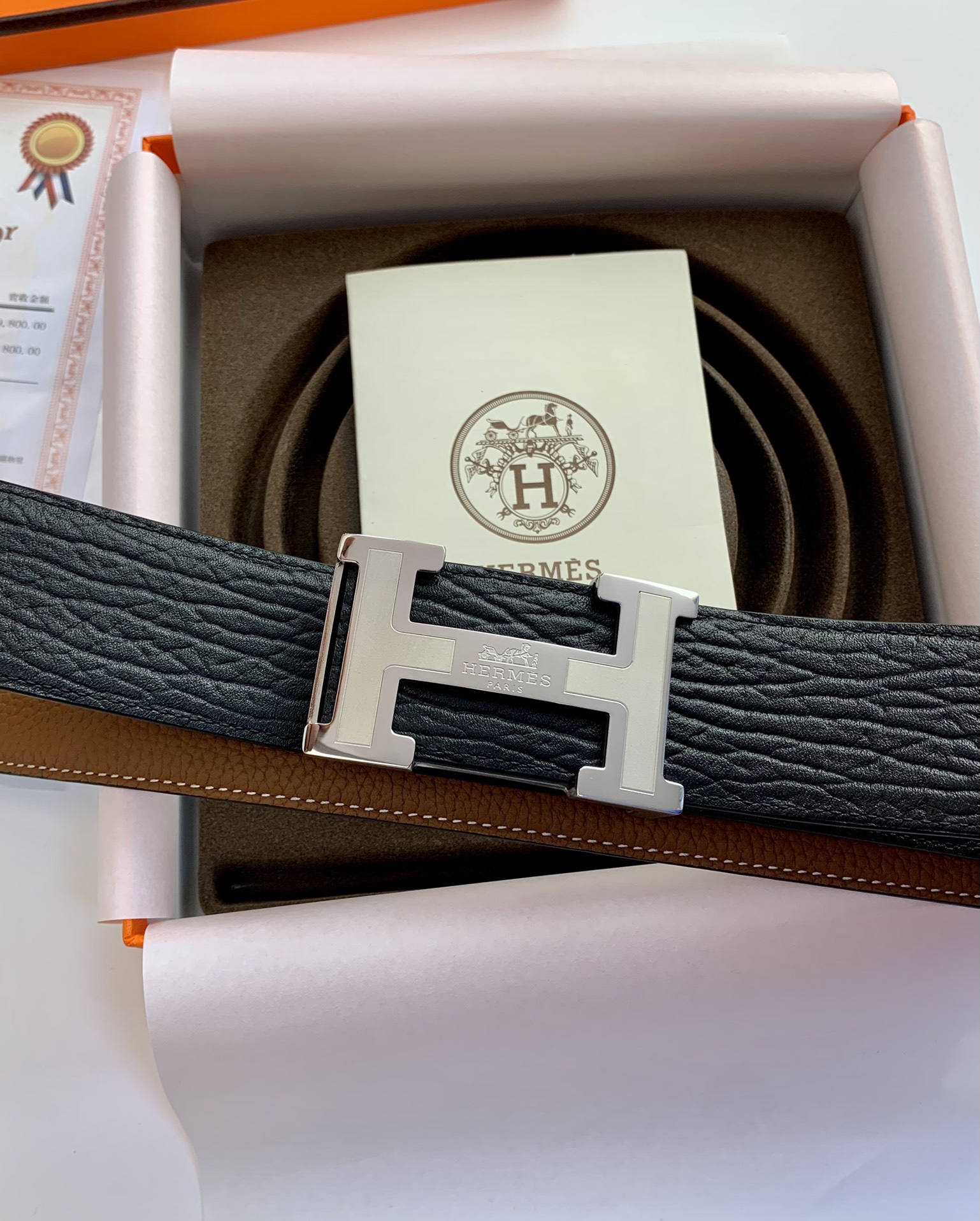 【H家】原單 大象紋黑色小牛皮腰帶，寬度3.8cm，內襯土黃色荔枝紋，搭配專櫃新款鋼扣.工藝精湛、手感柔軟、細膩，高端定制，經典之作.