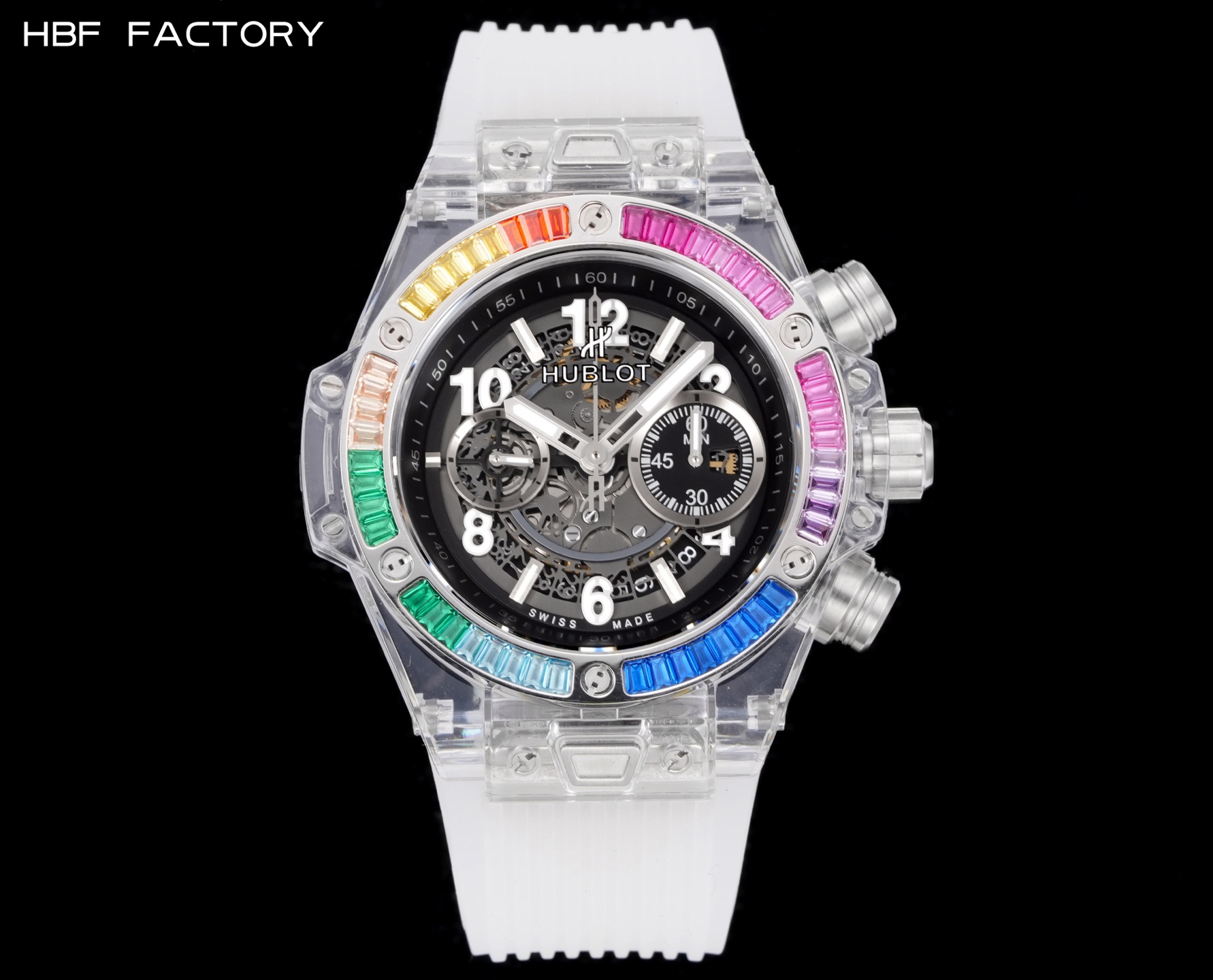 HBF  FACTORY 恆寶HUBLOT 宇舶表年度最佳復刻作品——宇舶BIG BANG系列411.JX.4802.RT“全透明腕表”
【精彩細節】1.還原正品錶盤後龍飛鳳舞的鏤空佈局，2.採用與原裝同樣的丙烯酸有機玻璃極致克隆——完成不可能完成的任務。該材質不僅硬度高，且具有抗鑫腐蝕，耐磨損等卓越物理特性。
【機芯功能】腕表直徑45mm。採用增強版計時7750機芯改原裝HUB.1242型芯，實現所有功能吻合正裝。
【精益求精】全力以赴，層層把關，在保證完美“透視感官”的同時，竭心盡力還原正品