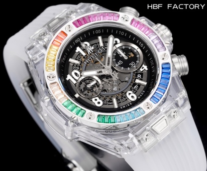HBF  FACTORY 恆寶HUBLOT 宇舶表年度最佳復刻作品——宇舶BIG BANG系列411.JX.4802.RT“全透明腕表”
【精彩細節】1.還原正品錶盤後龍飛鳳舞的鏤空佈局，2.採用與原裝同樣的丙烯酸有機玻璃極致克隆——完成不可能完成的任務。該材質不僅硬度高，且具有抗鑫腐蝕，耐磨損等卓越物理特性。
【機芯功能】腕表直徑45mm。採用增強版計時7750機芯改原裝HUB.1242型芯，實現所有功能吻合正裝。
【精益求精】全力以赴，層層把關，在保證完美“透視感官”的同時，竭心盡力還原正品