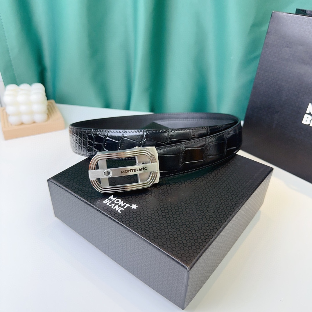 萬寶龍：原單頭層牛皮駝鳥紋面，內襯頭層小牛皮底，搭配原單自動扣，可裁剪的自動帶，此款腰帶面雙採用意大利原定廠制進口牛皮帶身 ，對專版櫃足寬3.5
