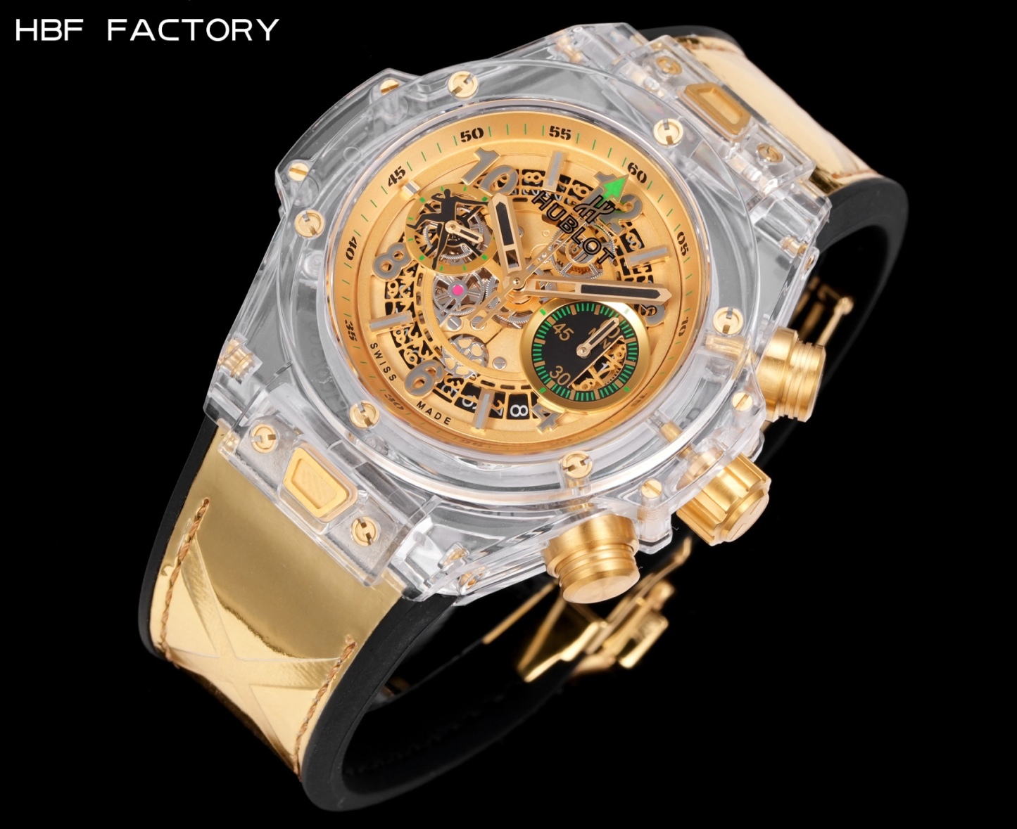 HBF  FACTORY 恆寶HUBLOT 宇舶表年度最佳復刻作品——宇舶BIG BANG系列411.JX.4802.RT“全透明腕表”
【精彩細節】1.還原正品錶盤後龍飛鳳舞的鏤空佈局，2.採用與原裝同樣的丙烯酸有機玻璃極致克隆——完成不可能完成的任務。該材質不僅硬度高，且具有抗鑫腐蝕，耐磨損等卓越物理特性。
【機芯功能】腕表直徑45mm。採用增強版計時7750機芯改原裝HUB.1242型芯，實現所有功能吻合正裝。
【精益求精】全力以赴，層層把關，在保證完美“透視感官”的同時，竭心盡力還原正品