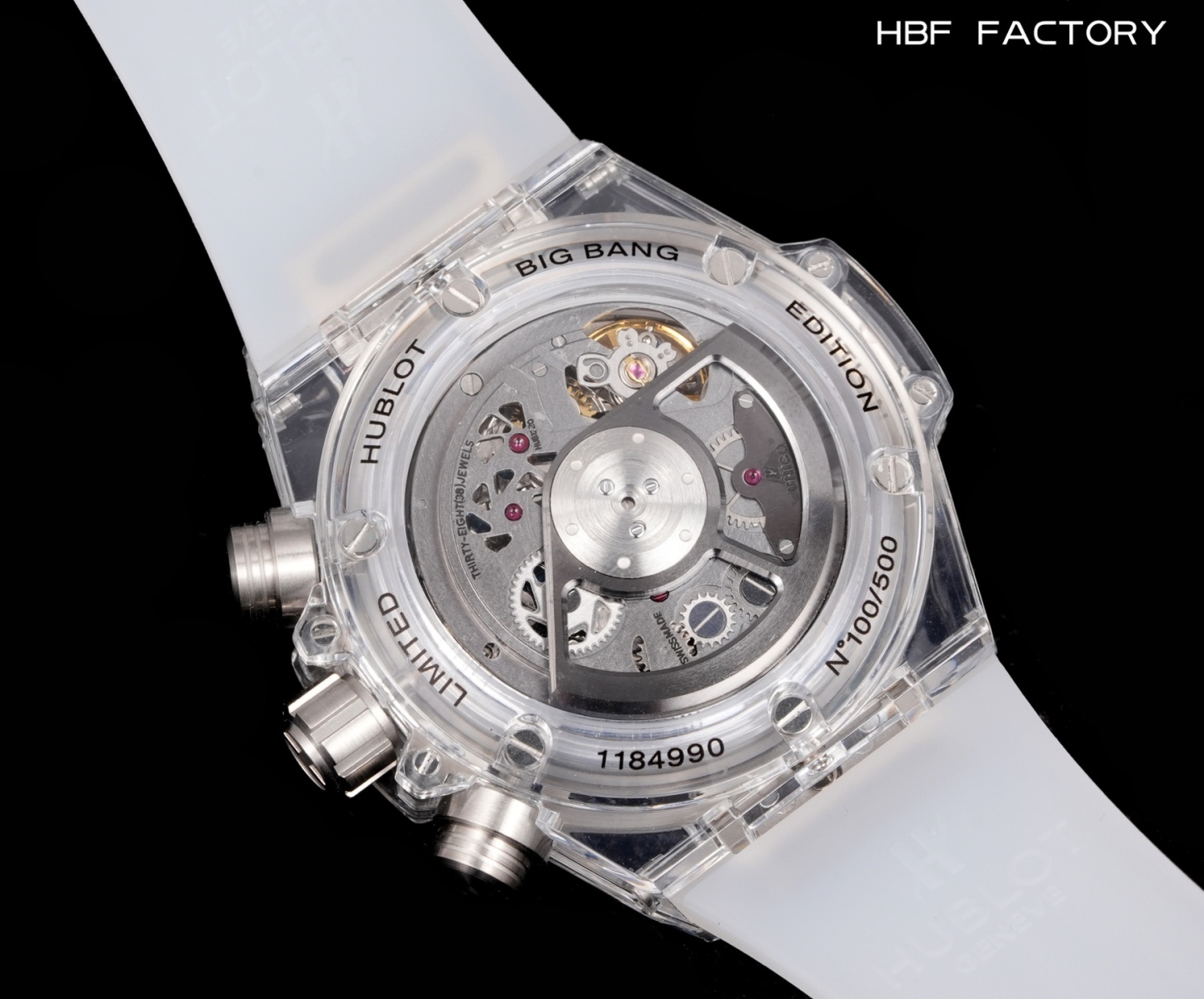 

 
HBF  FACTORY 恒宝HUBLOT 宇舶表年度最佳复刻作品——宇舶BIG BANG系列411.JX.4802.RT“全透明腕表”
【精彩细节】1.还原正品表盘后龙飞凤舞的镂空布局，2.采用与原装同样的丙烯酸有机玻璃极致克隆——完成不可能完成的任务。该材质不仅硬度高，且具有抗鑫腐蚀，耐磨损等卓越物理特性。
【机芯功能】腕表直径45mm。采用增强版计时7750机芯改原装HUB.1242型芯，实现所有功能吻合正装。
【精益求精】全力以赴，层层把关，在保证完美“透视感官”的同时，竭心尽力还原正品