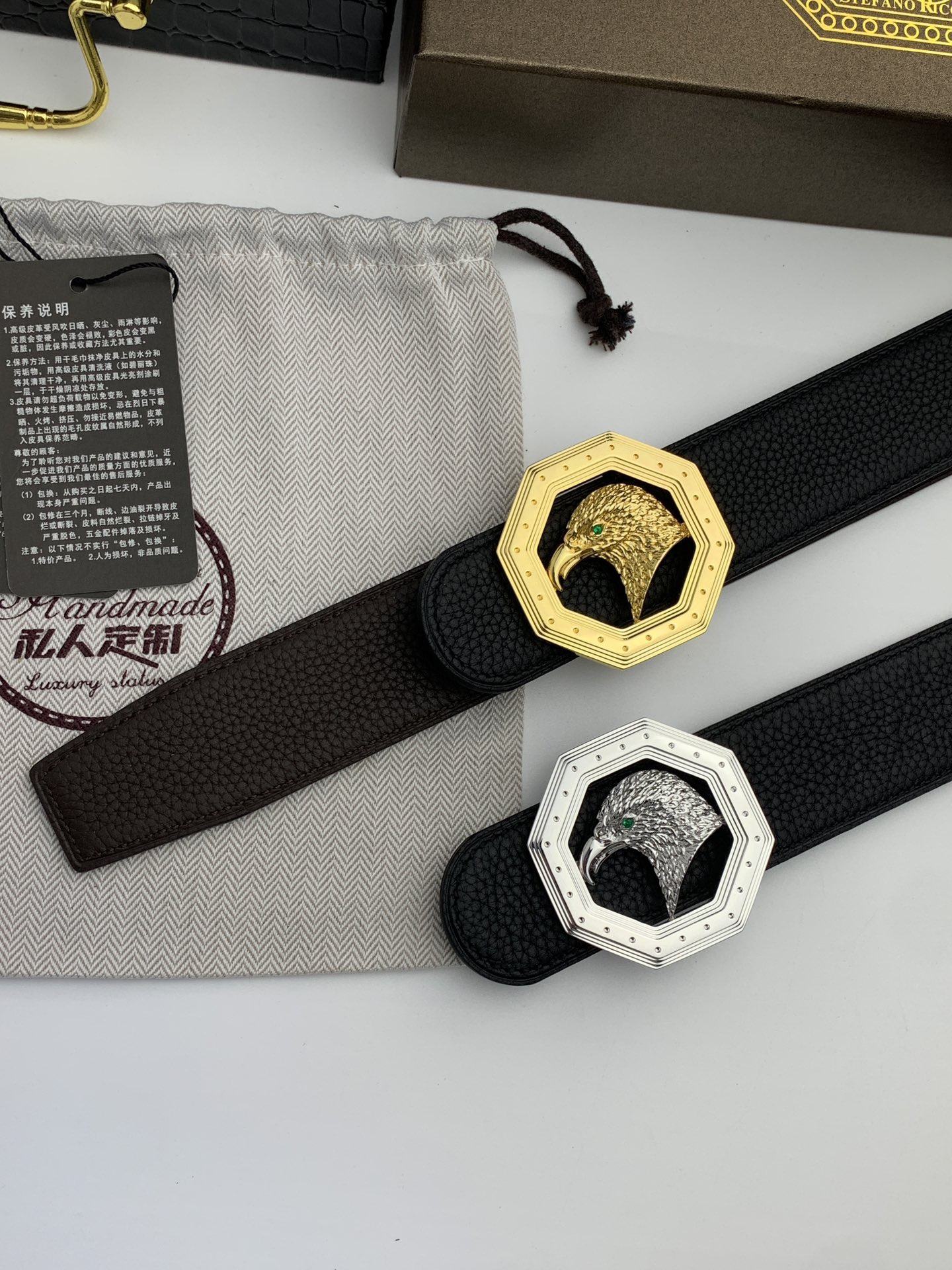 【史蒂芬】原版荔枝紋牛皮腰帶，搭配新款不鏽鋼鷹頭扣，寬度3.8cm，雙面可用，樹膏夾心，長度不可調節，尺碼（85-110）具有獨特吸引力！