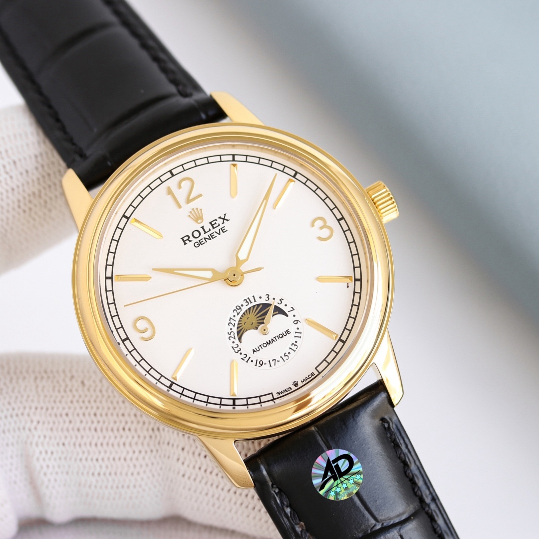 台灣廠最新力作，市場最高版本最新推薦款，勞力士👑切利尼月相系列.男士腕表簡單不失大氣[勝利]搭載精准瑞士ETA2824-2機芯（6字位真日曆與24小時日月星辰功能）40mm表徑，316精鋼表殼，耐磨抗刮藍寶石玻璃，原裝品質針扣，具備超強防水功能，搭配意大利牛皮讓手腕更貼合舒適！TW工廠出品的勞力士充分體現了高級制表業最純粹的傳統！適合各種商務場合，簡斂精緻不失優雅！